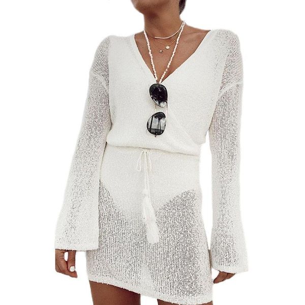 

women's swimwear summer see-through beach dress bikini cover up women sashes tunic boho casual short swimsuit 2021 bathing suit, White;black