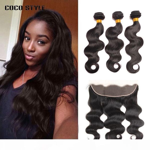 

brazilian human hair body wave 3 4 bundles with frontal closure 13x4 lace frontal closure with bundles, Black;brown