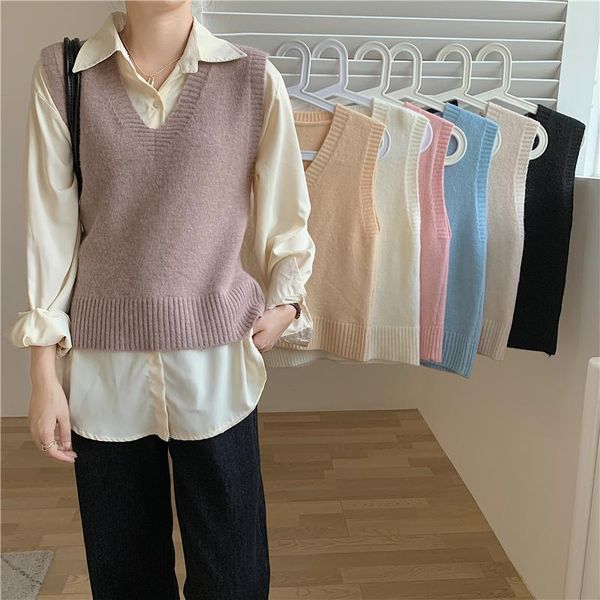 

women's vests v-neck knitted vest for women elegant casual loose female autumn winter wool sweater 9035#, Black;white