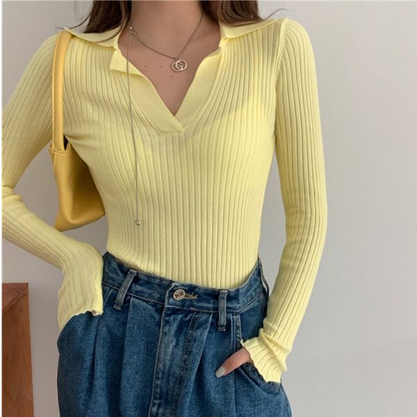 

short long-sleeved knit women's spring/autumn 2021 new rip-off collar tight hit bottoms l3y9, White