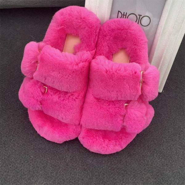 

slippers women's fur real soft rex hair double breasted anti skid and wear-resistant sole casuai flat bottom, Black