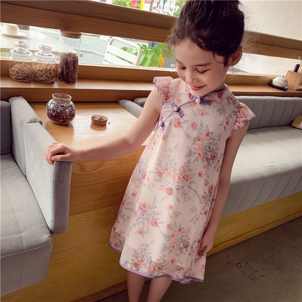 

children dress summer new kids cheongsam dresses for girls flower print chinese traditional clothes 6 8 10 12 14 year vestidos 210303, Red;yellow