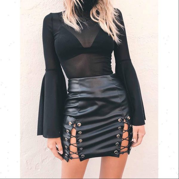 

cross pencil skirt women elegant hollow out short skirt autumn pu leather casual split high waist bodycon black skirt