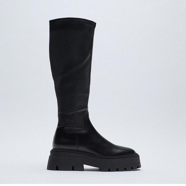 

boots women's long black pu leather grooving sole knee-high fashion round toe slip-on elastic stocking