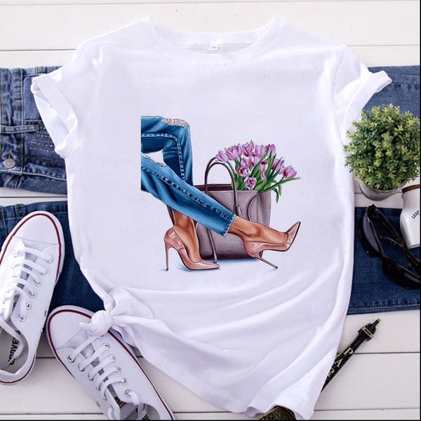 

white t shirt women fashion high heel shoes printed tshirt 2021 woman summer short sleeve tee shirt femme clothing
