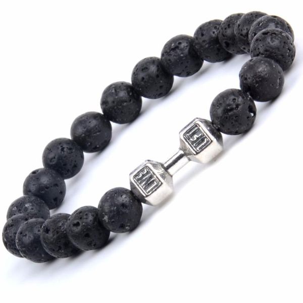 

charm bracelets fashion bangles men natural stone black lava beaded bracelet for women jewelry barbell bangle pulsera hombres, Golden;silver