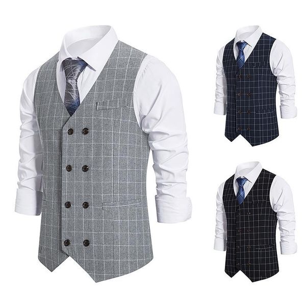 

men's vests mens suit european style plaid double-breasted retro vest, Black;white