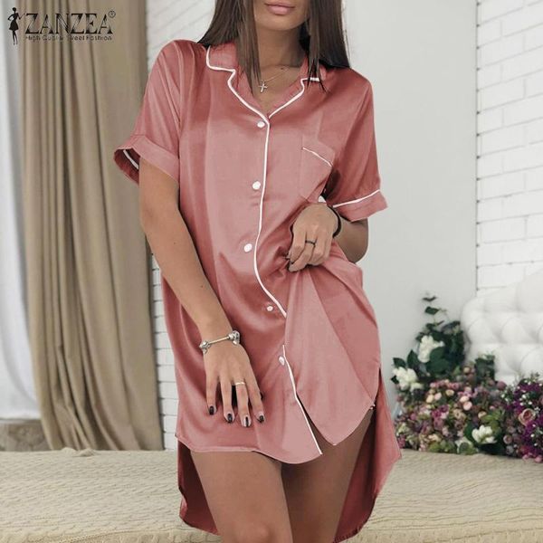 

women's sleepwear womens nightgowns zanzea fashion satin sleepshirts 2021 summer irregular nightshirt home casual mini dress plus size, Black;red