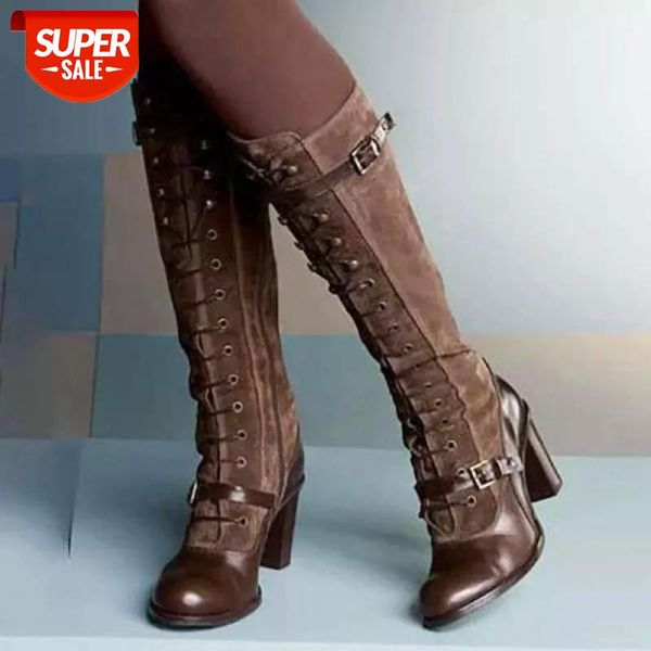 

women vintage medieval boots retro high boots square heel pu leather winter women knee-high round toe botas mujer #d04u, Black