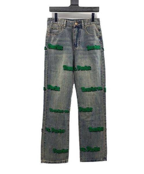 Männer Jeans Korrekte Version 2021FW Begrenzte grüne Zahnbürste bestickte Flocking gewaschene Jeans Herren- und Frauenhosen