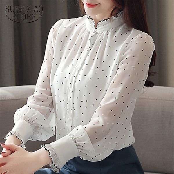 

blusas mujer de moda 2021 women blouses long sleeve black dot white chiffon blouse women shirts womens and blouses 210226, Black;gray