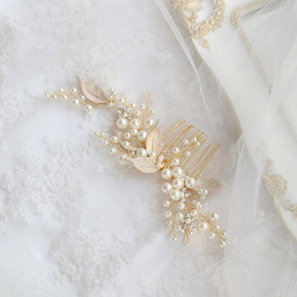 

gold color pearls jewelry bridal comb leaf headpiece handmade wedding accessories women hair ornament, Slivery;golden