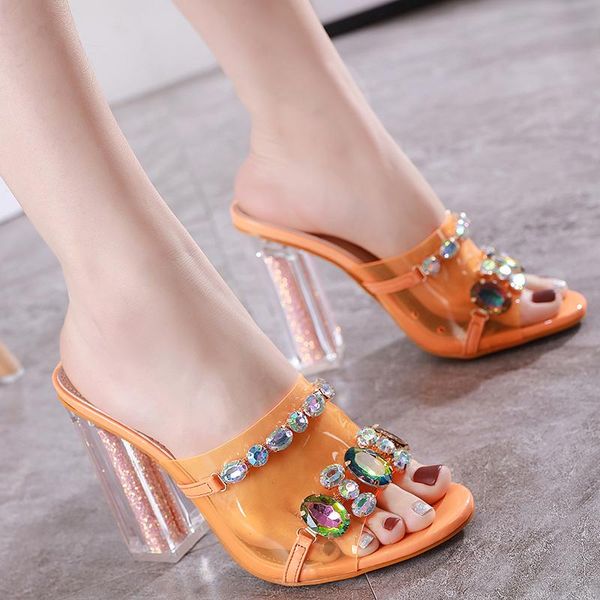 

slippers zar a woman 2021 shoes spring summer 11 cm crystal rhinestone transparent high heels sandals women, Black