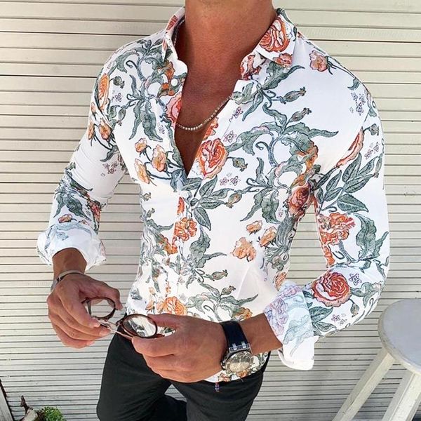 

2021 men's floral shirts long sleeve casual shirt fashion rose flower 3d printed turn-down collar slim fit for mens clothing, White;black