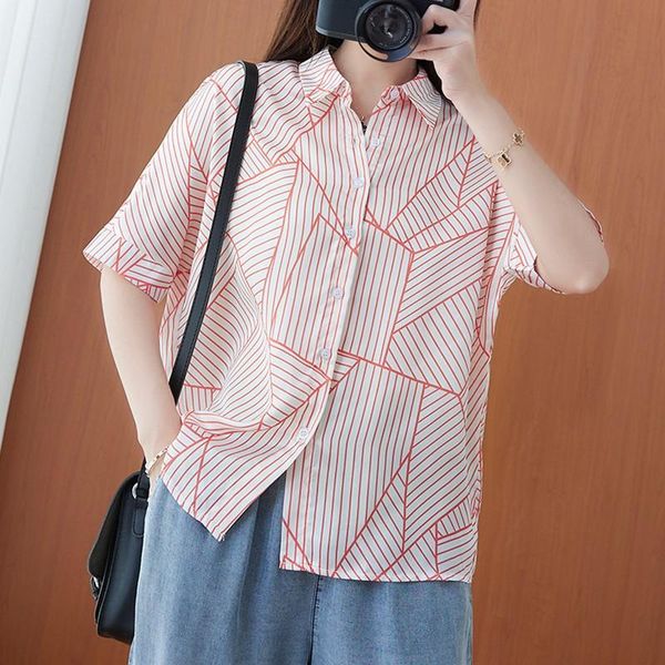 

women's blouses & shirts women summer casual arrival 2021 simple style turn-down collar striped loose female short sleeve b029, White