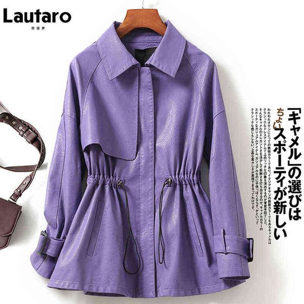 

lautaro spring casual purple faux leather streetwear jacket women long sleeve drawstring zipper autumn loose korean clothes 211118, Black