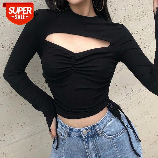 

Weekeep Hollow Out Sexy Ruched T-shirt Women Autumn Slim Waist Crop Top Vintage Streetwear Black Basic Tee Tops Outfits Harajuku #FN0R, White