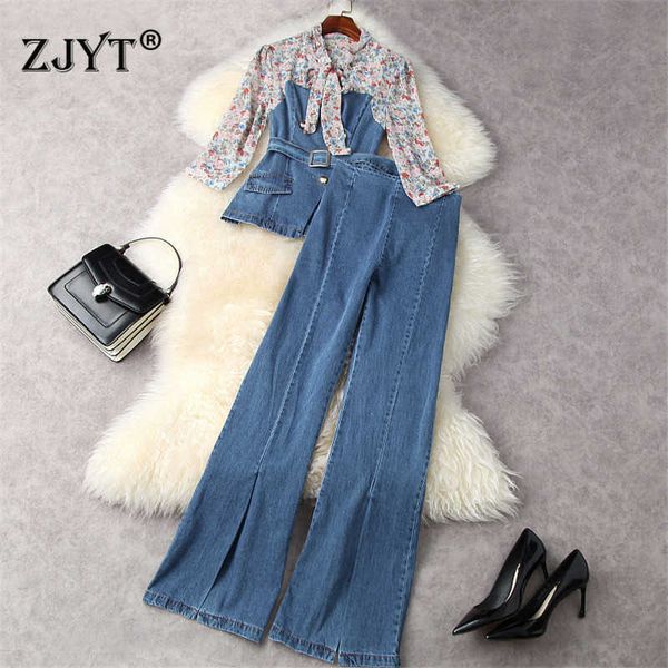 Frauen Mode Designer Frühling Zweiteilige Outfits Elegante Chiffon Print Patchwork Denim Bluse und Flare Hosen Anzug Casual Twinset 210601