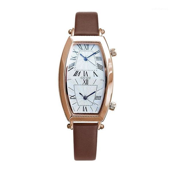 

wristwatches fashion watches barrel shape double movement dial luxury leather strap quartz wristwatch women casual clock, Slivery;brown