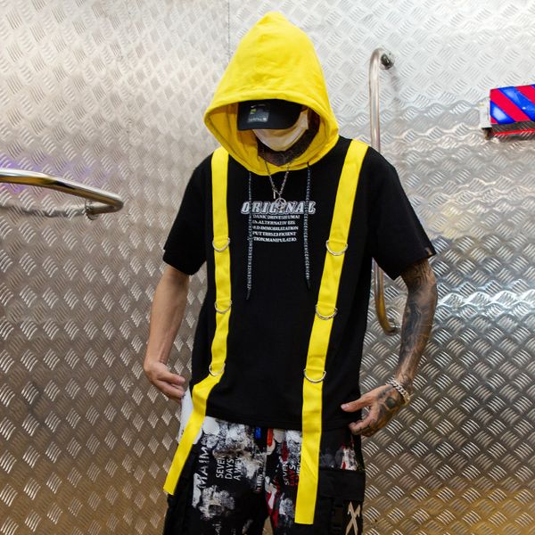 

2021 men will see yellow red ribbons patchwork hip hop with hoodie t-shirt from of vintage casual wear shirts streetwear la2oa1, White;black