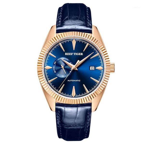 

reef tiger/rt mechaincal watch for men blue leather waterproof watches date relogio masculino rga1616 wristwatches, Slivery;brown