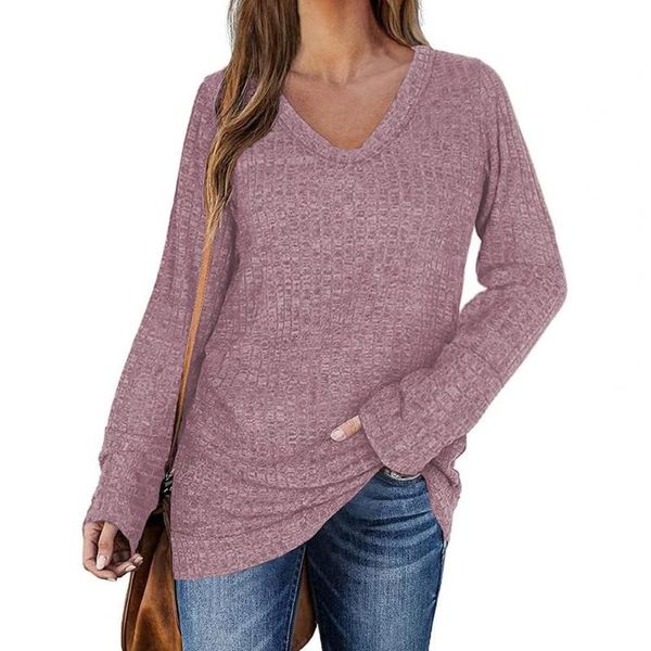 

women's blouses & shirts women long sleeve v-neck knitted invisible stripes solid color blouse lady streetwear autumn winter, White