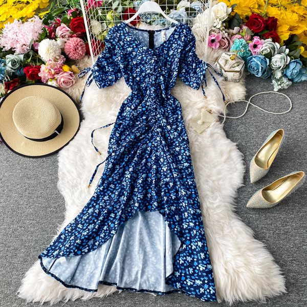 

2021 summer floral women slim sleeve irregular trumpet es vestidos mujer elegant ladies v neck party long robe hh36, Black;gray