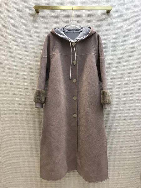 

women's wool & blends 90% 10% cashmere blended overcoat 2021 autumn winter women elegant mink stitching hooded lace-up long coa, Black