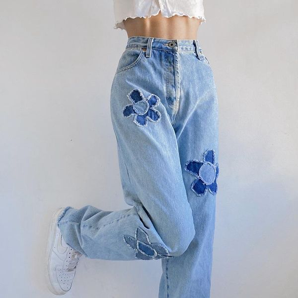 

women's jeans floral patchwork casual vintage blue women high waist denim pants capris fashion elegant trousers ladies summer 2021