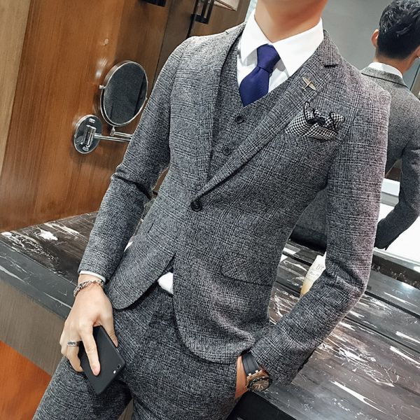 

spring tide male plaid pieces suit slim wedding costume homme mariage (blazer vest + pants) boutique set gvkt, White;black