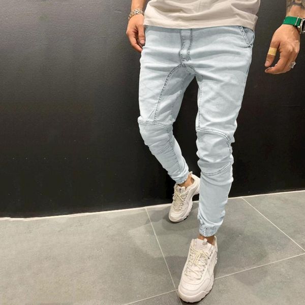 

men's jeans mens casual stretchy ripped skinny biker pocket slim fit denim full length pants men jogging pantalon homme, Blue