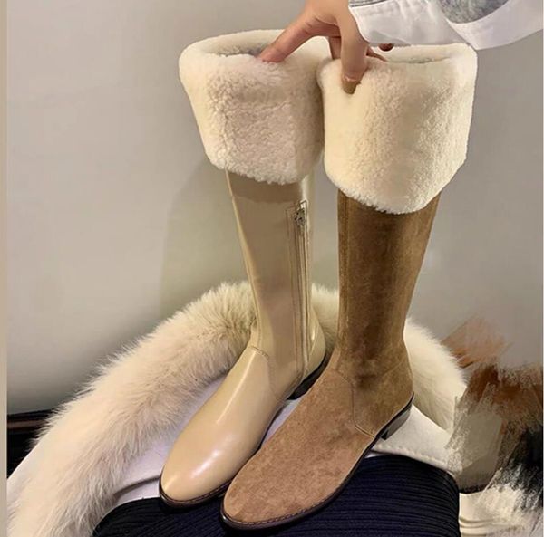 Kadınlar Seksi Kış Kar Botları Lüks High-end Serin Anti-Kayak Kuzu Yün Knight Boot Moda Marka Klasik Tasarımcı Inek Derisi Kız Sıcak Peluş Kürk Uzun Tüp Mat Süet