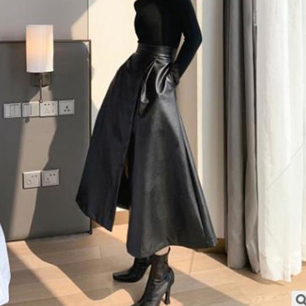 

skirts black faux leather womens split high waist a-line big swing springf fashion skirt lugentolo