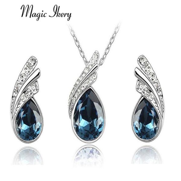 

earrings & necklace magic ikery carina arrival crystal water drop leaves jewelry sets classic wedding for women, Silver