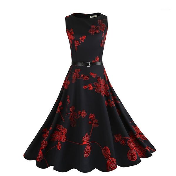 

casual dresses ladies vintage hepburn style dress women 50s 60s slim sleeveless floral print party elegant spring summer swing, Black;gray