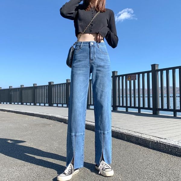 

women's jeans tongsihai women ladies blue high waist straight denim pants girls students loose split fork pantalones vaqueros mujer