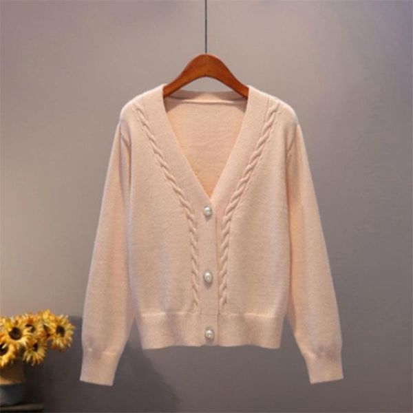 

women's knits & tees sweater cardigan women autumn v neck button up pearl single breasted loose short thicken sweet long sleeve knitted, White
