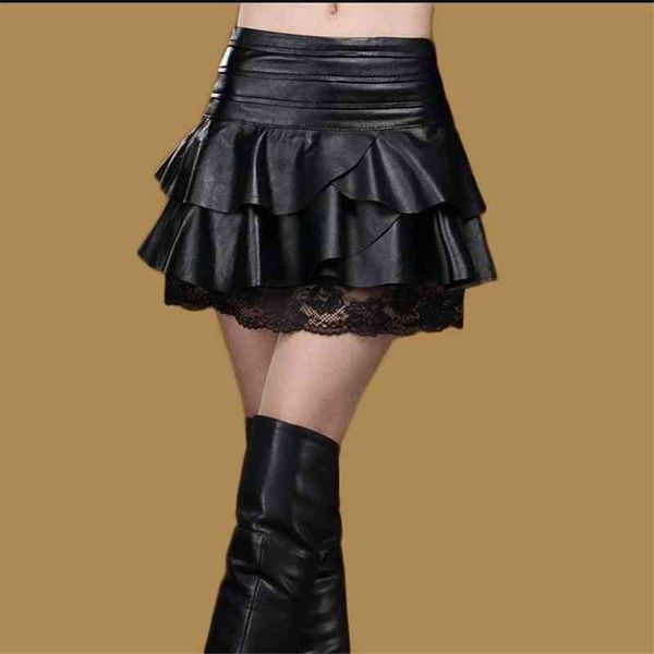 

lady oversized autumn high waist leather skirt pu lace splice mini a line skirts plus size black skirt female winter