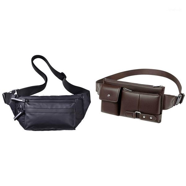

2 pcs waterproof men's waist bag leather wallet chest belt bag sports bag, brown & black1