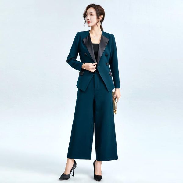 

quality autumn 2021 new women's long sleeve color contrast double breasted blazer casual suit two piece elastic straight pants, White