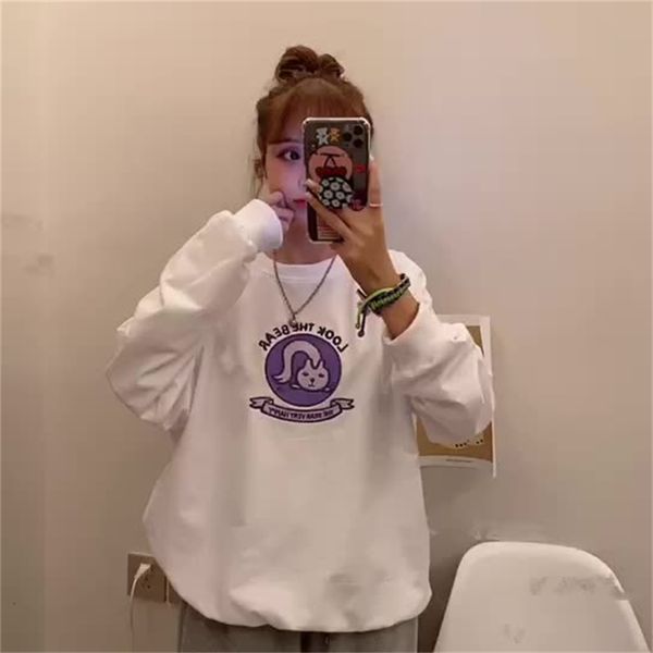 

2021 new autumn loose college style cartoon embroidery simple round neck long sleeve sweatshirt women w1ap, Black