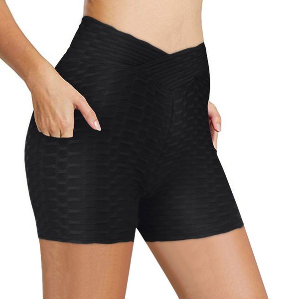 

fashion pure women pocket high tail hip rimpel stretch running yoga shorts fitness ropa deportiva mujer, White;black