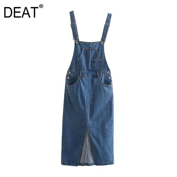 

[deat] women square collar sleeveless sling split fork solid color loose denim dress fashion summer 13d171 210527, Black;gray