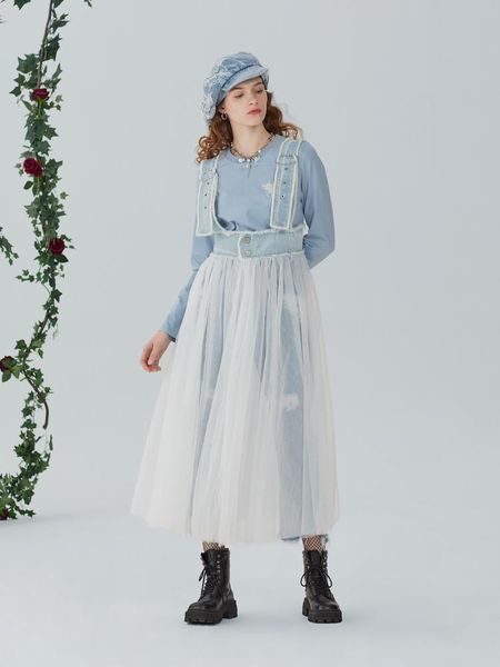 

irinach351 spring summer 2021 original design new arrivals denim straps patchwork see through mesh long dress women, Black;gray