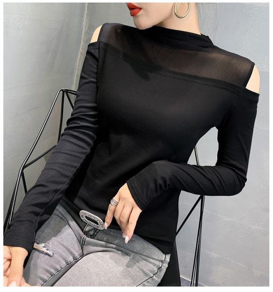 

2021 new fall winter korean clothes mock neck t-shirt fashion patchwork mesh off shoulder cotton women ropa mujer tees t08624l ztk, White