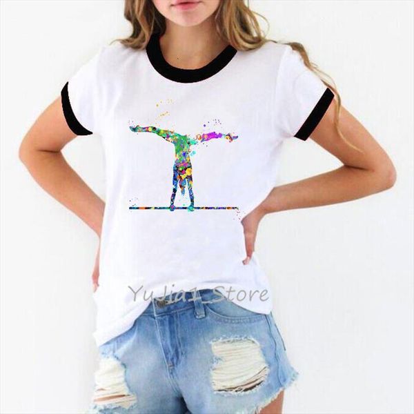 

ropa mujer harajuku kawaii and men t shirts women womens watercolor gymnast printed femme white summer girls cut tees, White;black