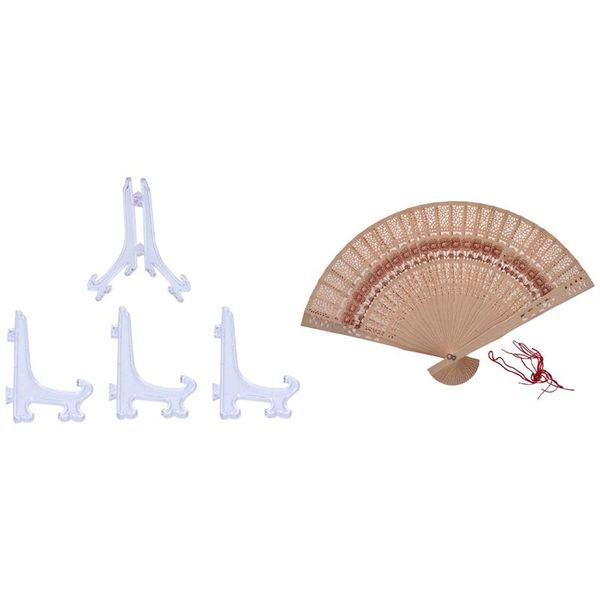 

party favor 1x folding wooden carved sunflower print fragrant hand fan & 4x dish rack holder stand 12.5 x 7.5cm