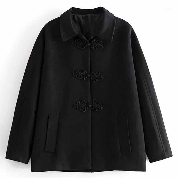 

women's wool & blends 2021 autumn winter women plain black chinese retro style knot breasted overcoats loose fit lady warm coats outerw
