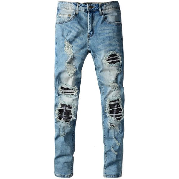 

2021 new men's male trousers high street fashion brand patch ripped jeans blue mens trend stretch slim fit denim pants 663 pmq7