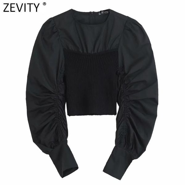 

zevity new women high street pleats puff sleeve knitting patchwork short blouse ladies back zipper shirt chic blusas ls7336, White